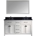 Caroline 60" Double Bathroom Vanity in White with Black Galaxy Granite Top and Square Sink with Mirror