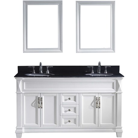 Victoria 60" Double Bathroom Vanity in White with Black Galaxy Granite Top and Round Sink with Mirrors